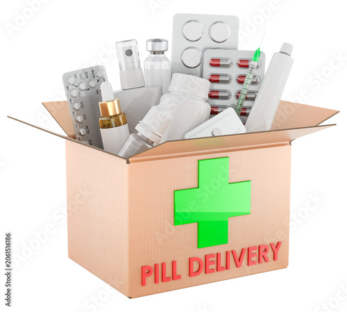 Pill delivery box with medicines, pharmacy home delivery concept. 3D rendering