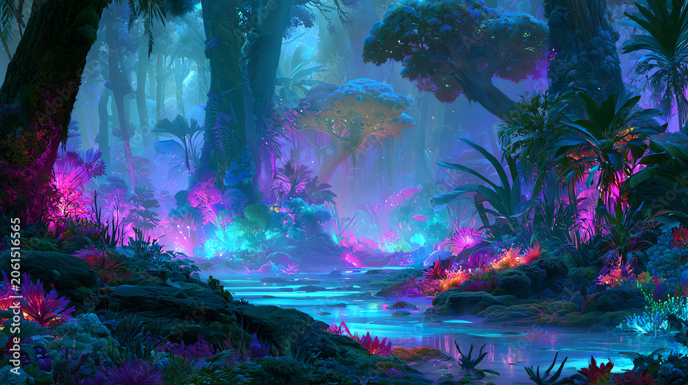 Fototapeta premium A vibrant, mystical forest glowing with ethereal colors and lush vegetation, creating a serene and enchanting atmosphere.
