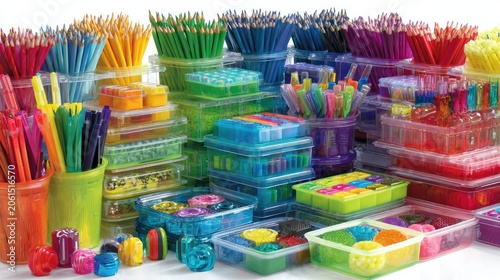 Abundant collection of colorful art supplies neatly organized in clear storage containers