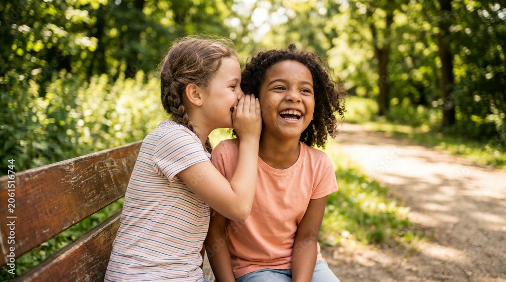 Naklejka premium Two young girls share a secret on a park bench on a sunny day