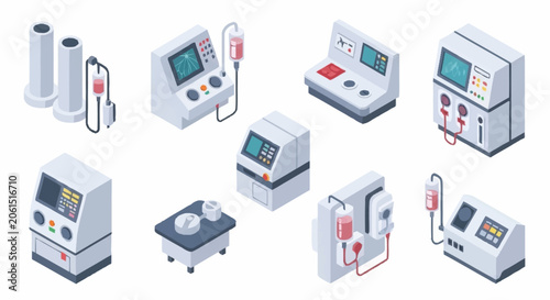 фотографія Collection of isometric medical equipment and laboratory devices for scientific research and healthcare