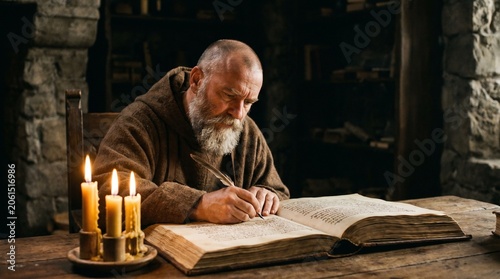 An old monk with a long beard writing in a large ancient book by candlelight in a medieval library. The scene evokes a sense of history, study, and quiet contemplation