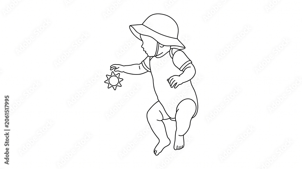 Obraz premium Baby wearing summer clothes and hat playing with toy sun 