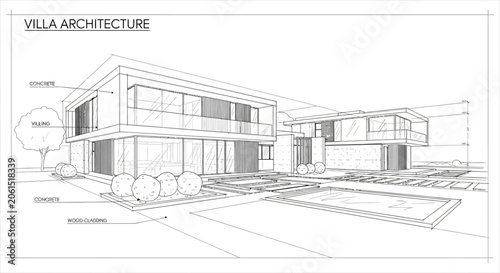 Architectural sketch of a modern luxury villa blueprint with contemporary design, a swimming pool, and landscape elements.
