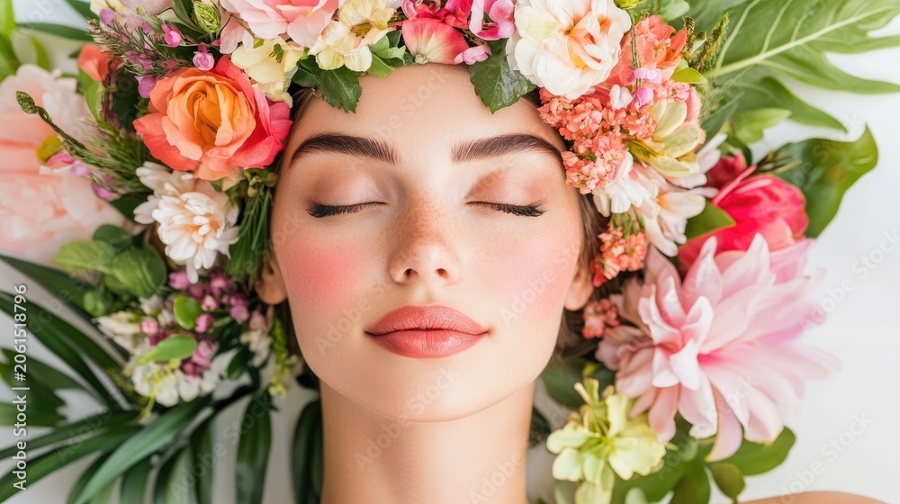 Naklejka premium Young woman with closed eyes surrounded by colorful vibrant flowers. Creative beauty portrait of girl with natural makeup and floral wreath. Harmony with nature, skincare and spa concept.