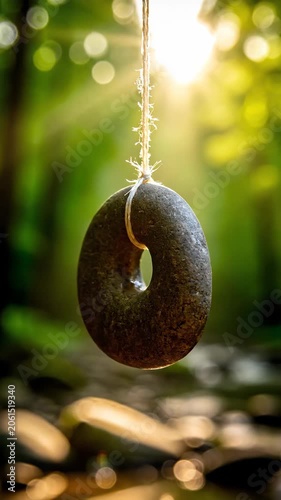 Rusty metal garden weight hanging in soft sunlit blur