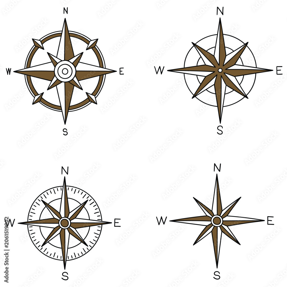 Obraz premium Hand-drawn cartoon set of wind rose compass symbols on a white background.