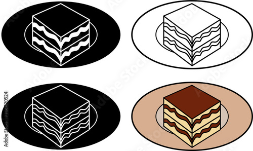 tiramisu cake slice icon set with layered Italian dessert with mascarpone cream, coffee-soaked sponge, cocoa topping, and serving plate in outline, silhouette, and colors styles.vector illustration