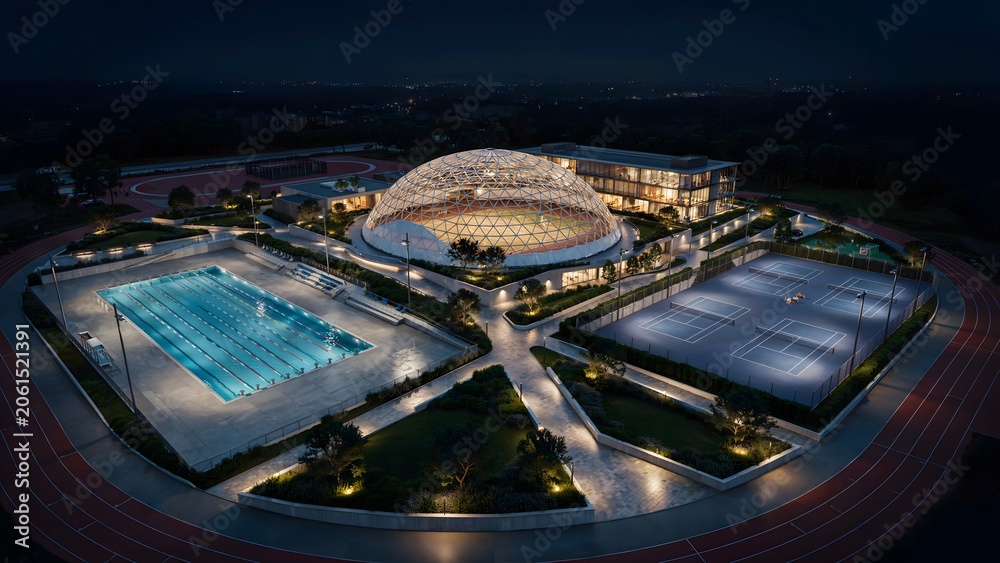 Obraz premium Modern sports complex featuring an indoor stadium, outdoor pools, tennis courts, and running track at night