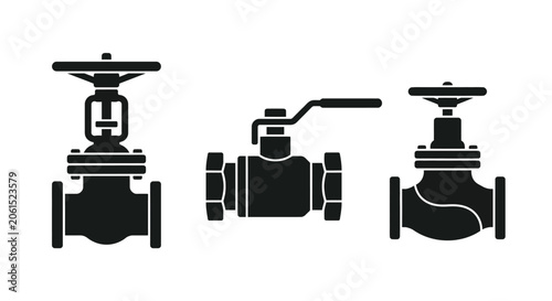 Photography Industrial Valves Collection Black Silhouette Against White Background
