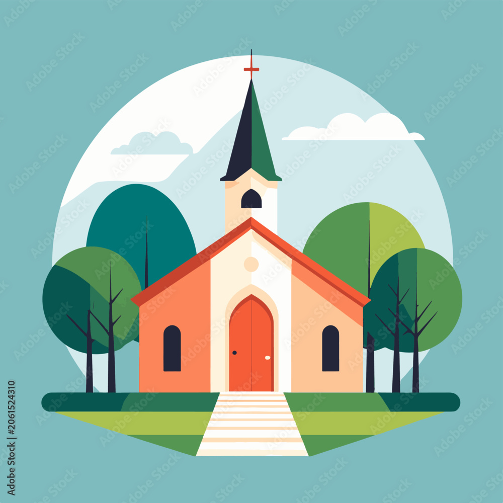Naklejka premium A colorful illustration of a church with a green steeple and orange door