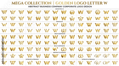 Mega collection golden logo letter W with dozens of elegant metallic monograms, geometric wings and abstract business styles, an extensive vector toolkit for corporate, finance, consulting, fashion an