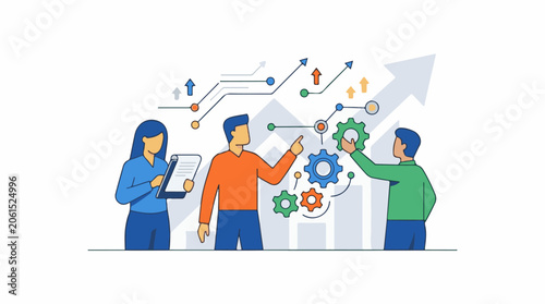 A colorful illustration of three people working together with gears and graphs