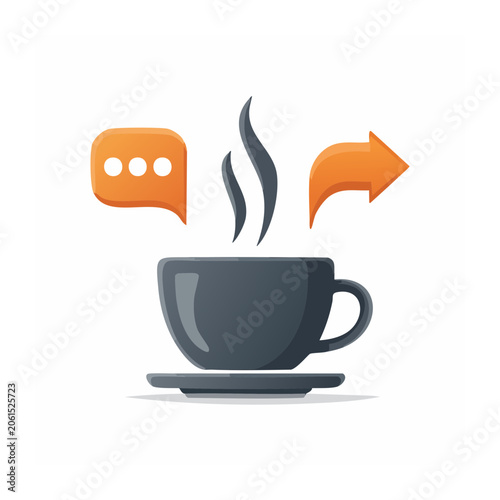 Flat design coffee cup with steam, speech bubble, and arrow
