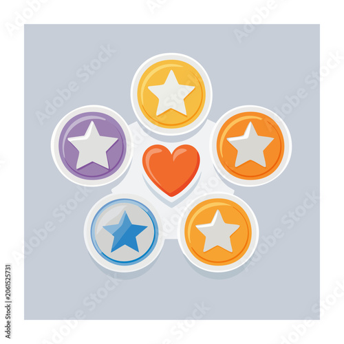 Flat design colorful star and heart icons on gray background