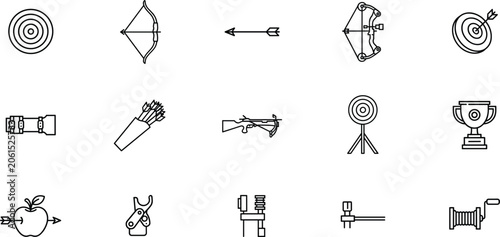 Foto Archery and shooting sport line art icons vector set with bow arrow target board