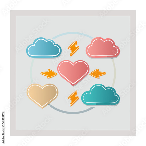 Flat design heart and clouds with lightning and arrows