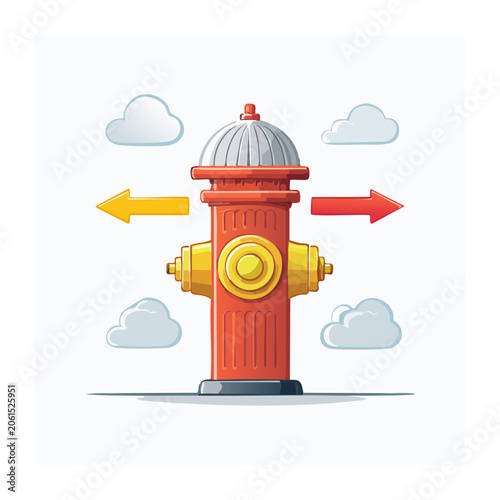 Red fire hydrant with directional arrows and clouds