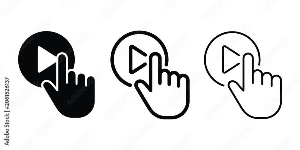 Fototapeta premium Hand clicking media player icon silhouette vector outline and line art