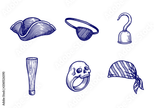 Foto Vintage Pirate Vector Illustration Hand Drawn Nautical Elements Ship Skull Ancho