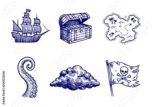 Foto Vintage Pirate Vector Illustration Hand Drawn Nautical Elements Ship Skull Ancho
