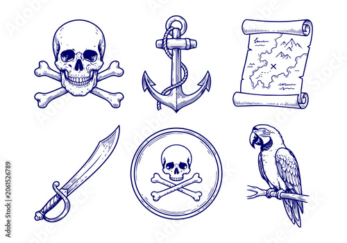 Schilderij op canvas Vintage Pirate Vector Illustration Hand Drawn Nautical Elements Ship Skull Ancho