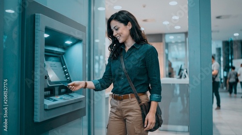 Woman using ATM machine inside modern bank lobby with soft lighting