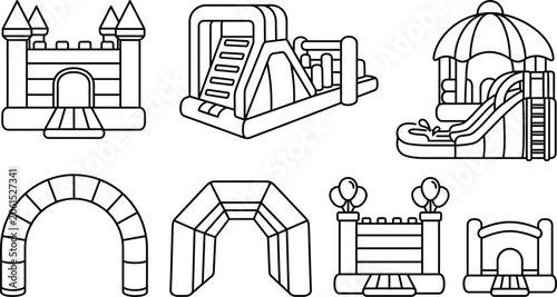 Bilde på lerret Inflatable bounce house icons vector set with bouncy castle water slide obstacle