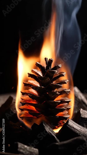 Close up pine cone burning with bright orange flames