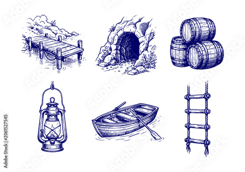Schilderij op canvas Vintage Pirate Vector Illustration Hand Drawn Nautical Elements Ship Skull Ancho