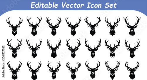 Set of black deer head silhouettes and antler icons for hunting and nature design with silhouette
