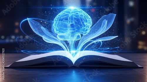 Glowing AI Brain Blossoms from Open Book Wisdom with Innovation  Future Learning.