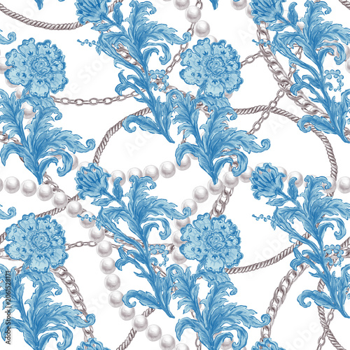 Baroque Jacobean Seamless Pattern with Blue Floral and Pearls