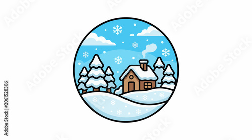 A cartoon winter scene with a house and trees in a circle