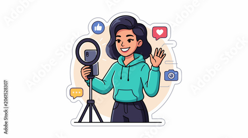 A cartoon woman records herself with a smartphone on a ring light
