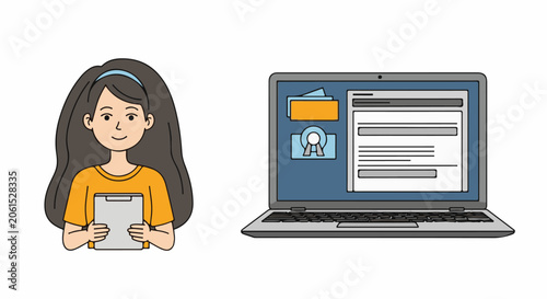 A cartoon woman holding a tablet next to a laptop