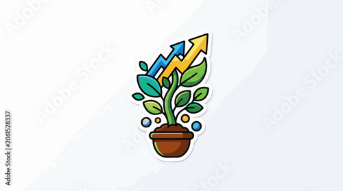 A cartoon potted plant with green leaves and brown soil, surrounded by multicolored circles and upward-pointing blue and yellow arrows