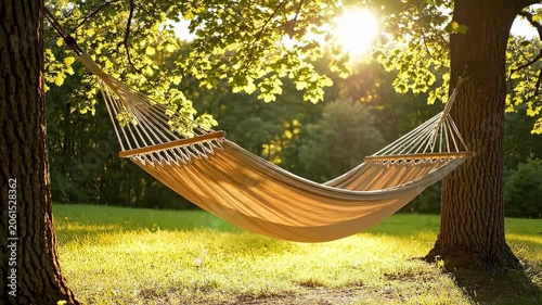 Empty beige hammock gently swaying between trees in a green park. Bright sunlight filtering through leaves on a summer day. Outdoor leisure concept