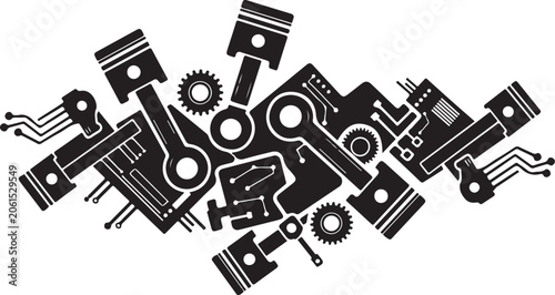 Mechanical parts, engine components, gear icons, black and white illustration, industrial symbols