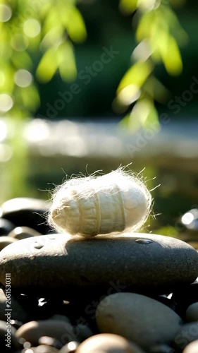 White cocoon resting on smooth stone in garden light