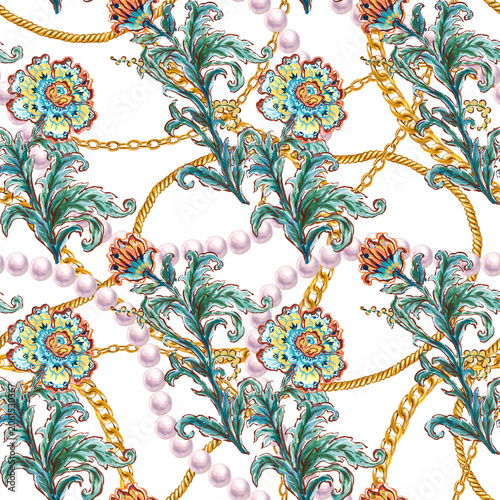 Baroque Rococo Floral Pattern with Chains and Pearls