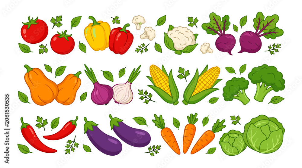 Fototapeta premium Cartoon vegetable set with tomatoes peppers corn and cabbage