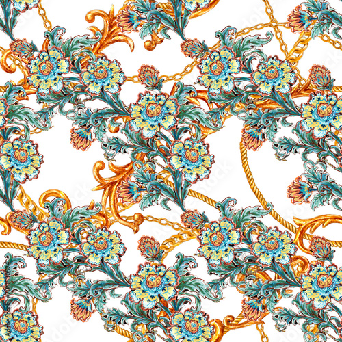Baroque Rococo Floral luxury Pattern with Gold Chains and Rope