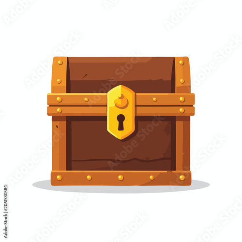 Cartoon style wooden treasure chest with golden lock isolated on white.