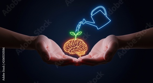 Hands nurturing a growing brain.
