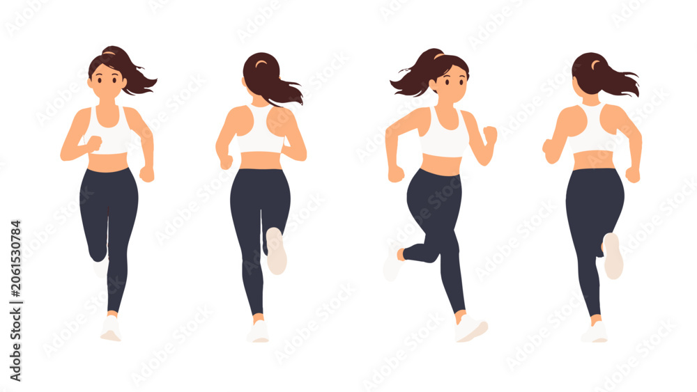 Naklejka premium Woman running set with front back and side cartoon views