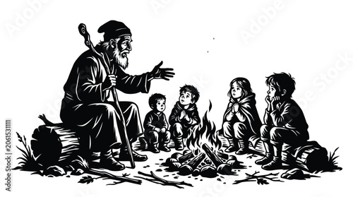 Foto Bearded old man telling magical stories to a group of attentive children sitting around a glowing campfire in this black and white vector graphic illustration depicting a classic folktale scene