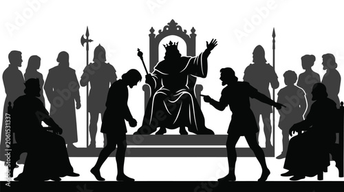 Canvas-taulu Detailed black and white vector illustration showing a medieval king sitting on