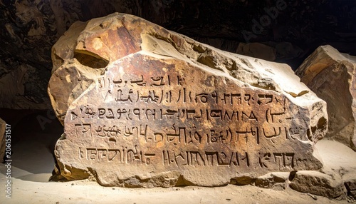 Close-up detailed view of an ancient rock cut inscription featuring proto Sinaitic script carved into stone