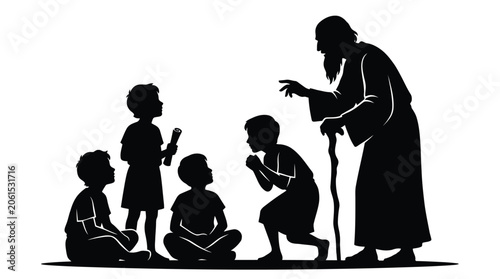 Fotografi Professional black and white vector graphic illustration depicting a wise bearded elderly man telling stories to a group of attentive curious children gathered around him in a simple elegant style